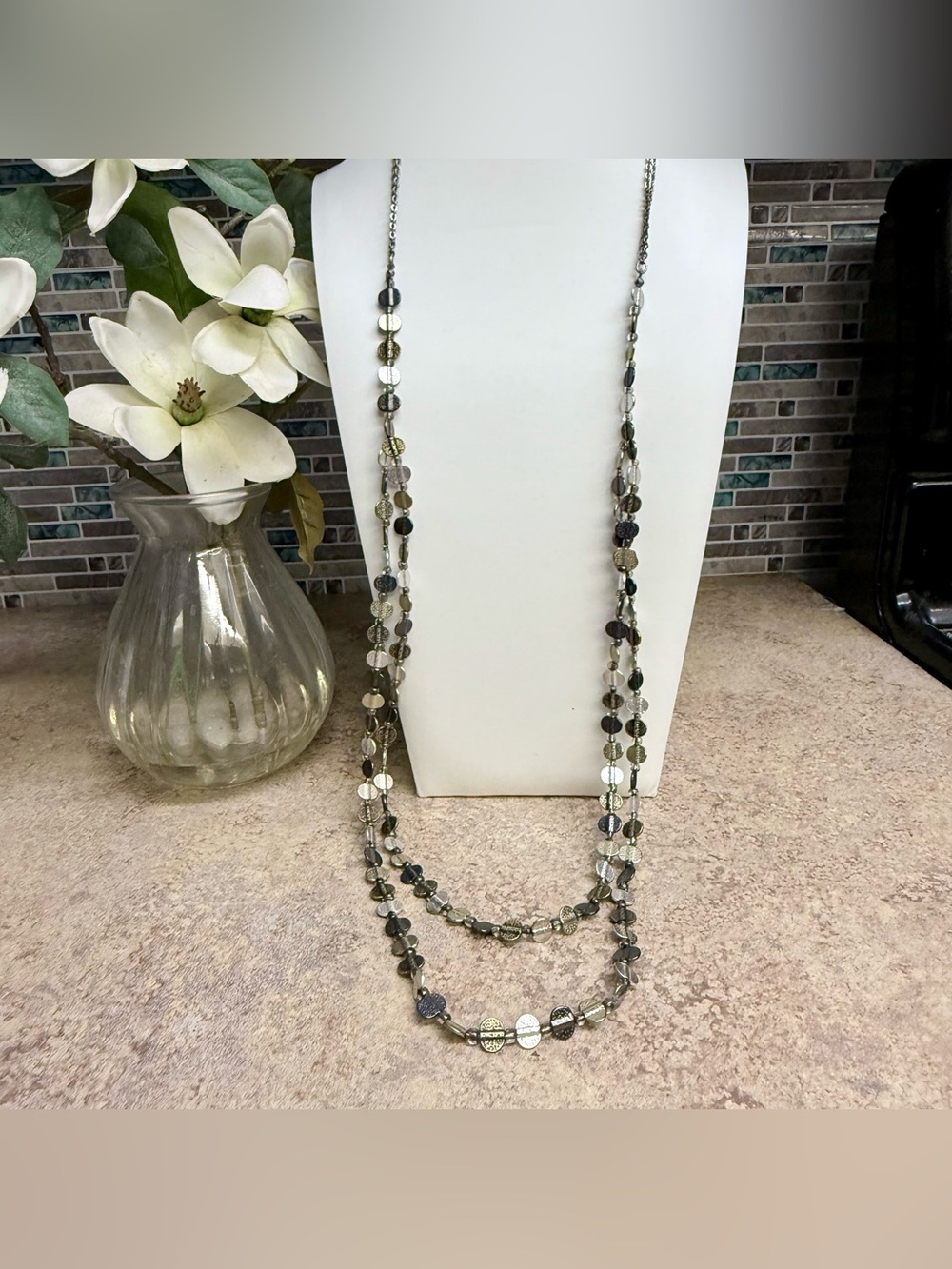 Chico's Long Multi Tone Layered Disc Necklace - Picture 2 of 3